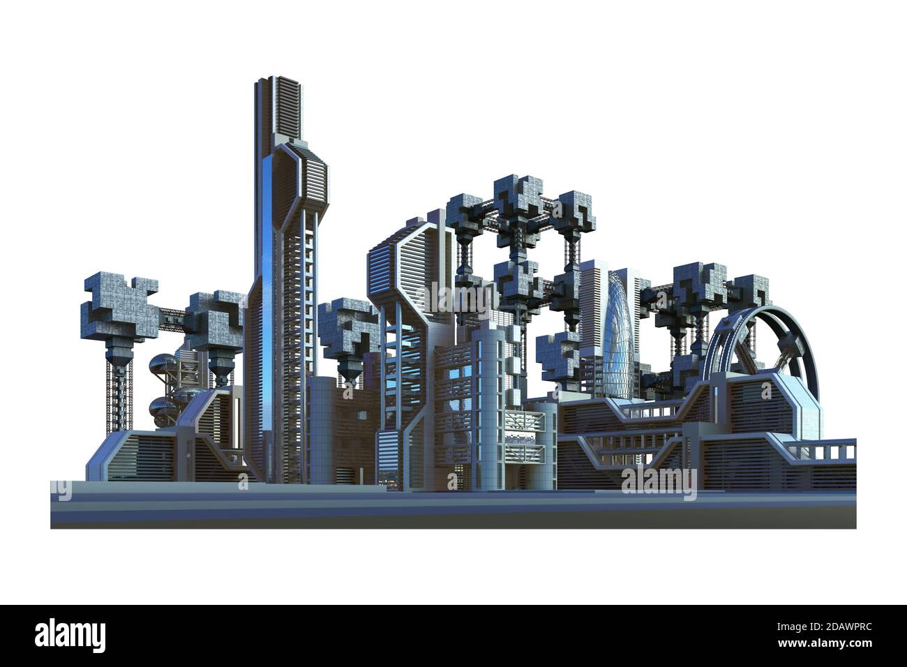 Futuristic city with industrial architecture and high rise metallic structures, for science