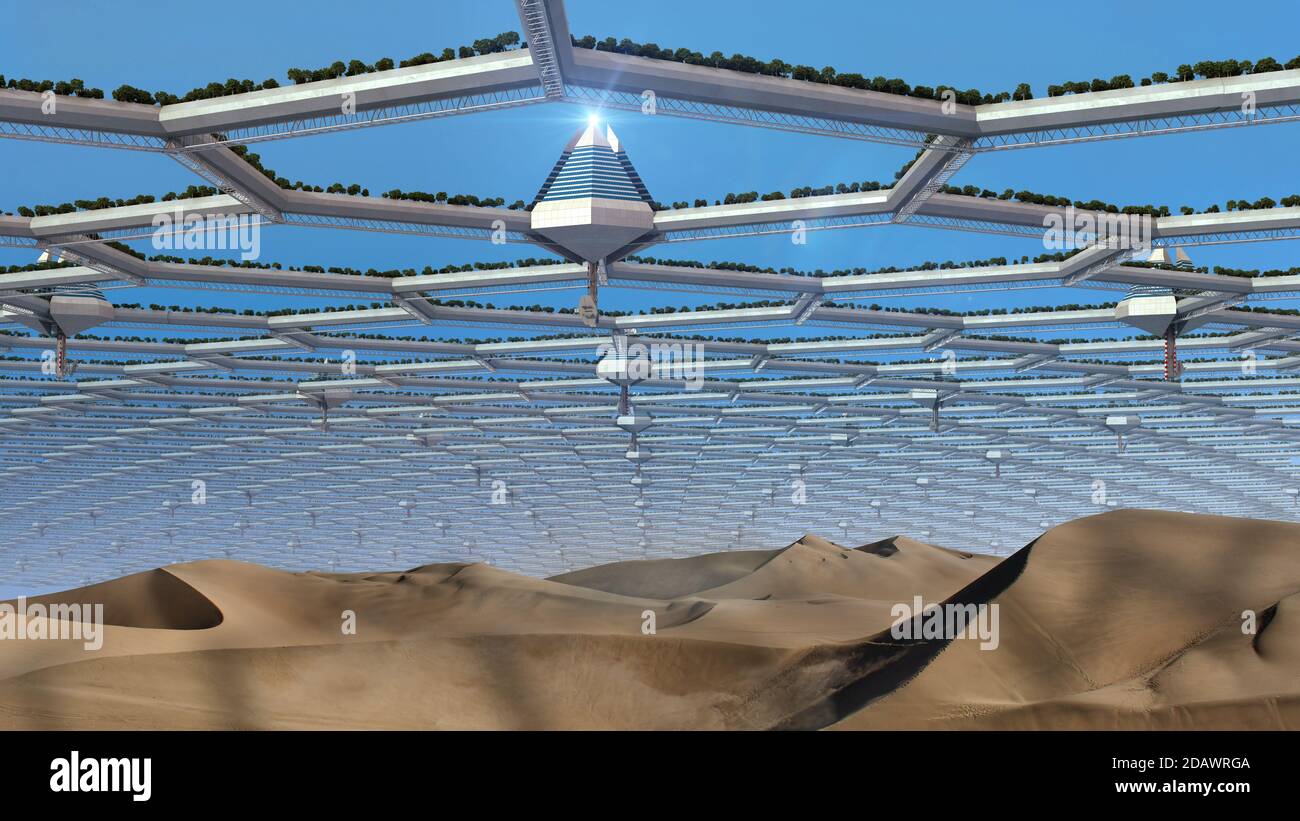 3D futuristic mega structure garden, with a giant dome made from a hexagonal mesh, over a desert, for energy efficient architecture, fantasy or scienc Stock Photo