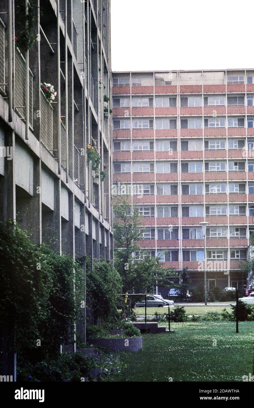 Modern residential flats in Berlin in 1965..Slide taken on Agfacolour CT18 slide film using a 35mm  Petri 5 SLR.Digitally copied using a Nikon D7500 c Stock Photo