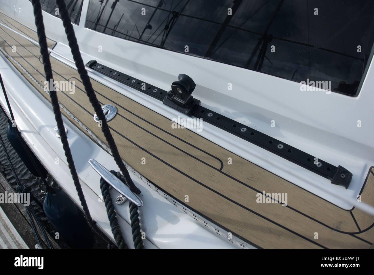 Genoa or jib sheet leads with car and track on a sailing yacht Stock Photo