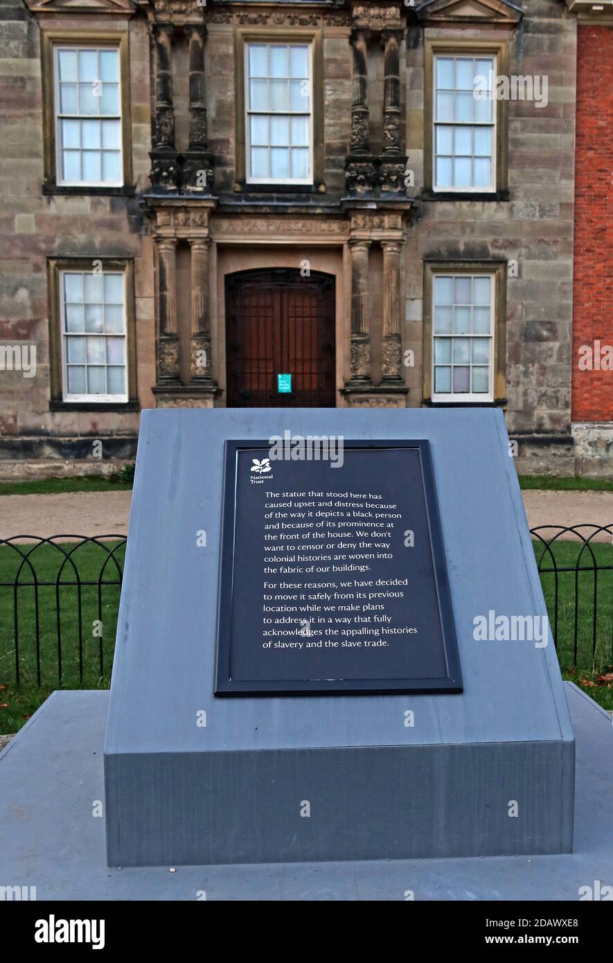 BLM,Black Lives Matter,plaque,Statue removed at Dunham Massey,black slave boy,Altrincham, Greater Manchester,England,UK, WA14 4SJ Stock Photo