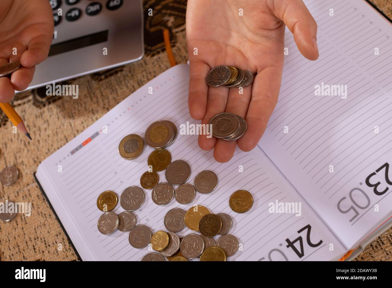 Young teenage girl hands. Scattered coins on a book calendar