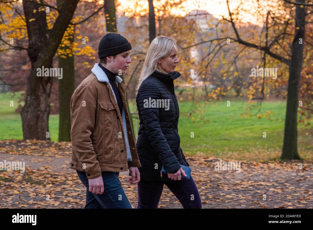14/2020. Park Stromovka. Prague czech Republic. Mother and son walking in the park on a Sunday winter day. Stock Photo