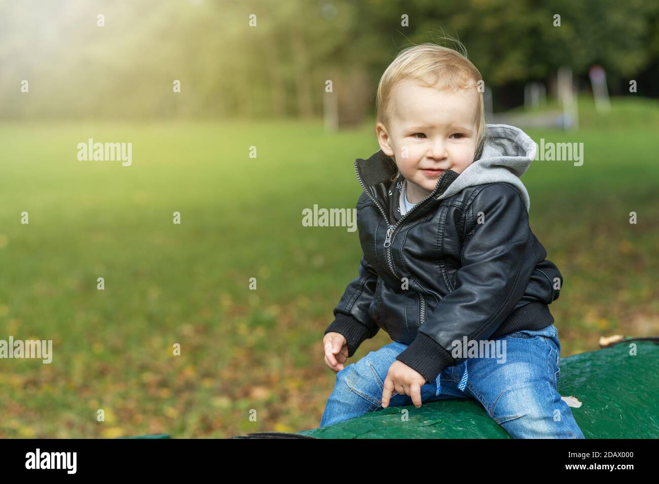 Little boy dressed  in a leather jacket is posing in autumn park Stock Photo