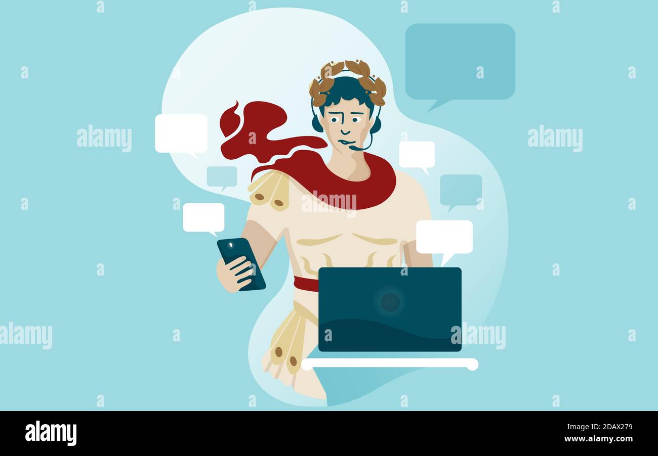 Vector illustration about Multitasking management, scattered attention, manager, office remote worker, Caesar in a laurel wreath and red cloak with me Stock Vector