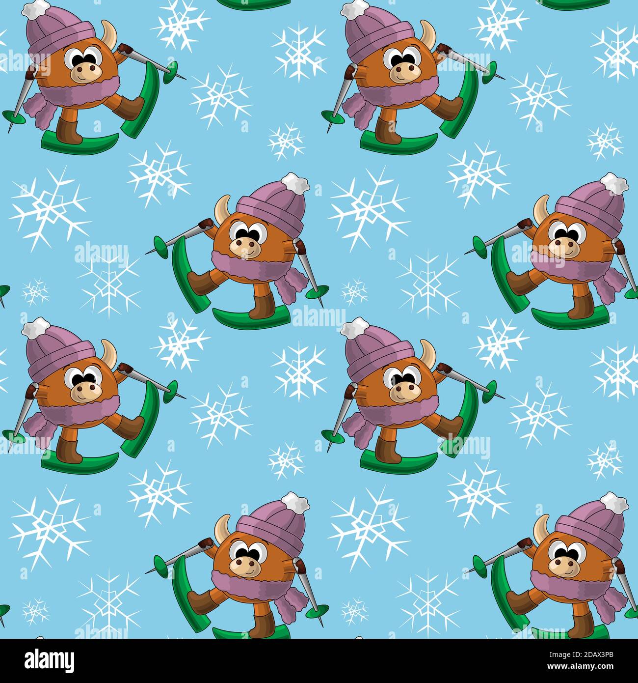 Seamless vector pattern with bull, ski and snowflake Stock Vector