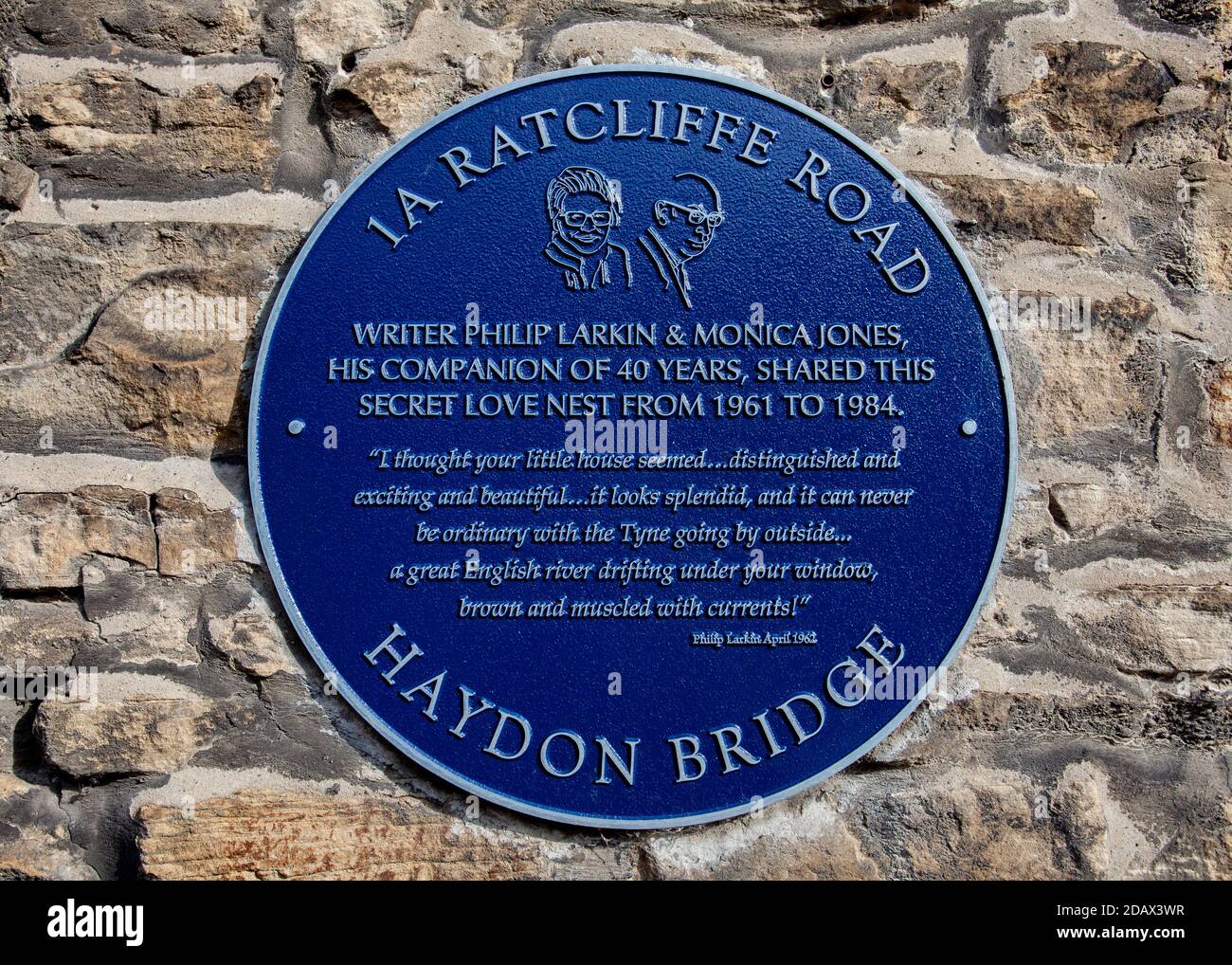 Philip Larkin's blue wall plaque,Haydon Bridge Stock Photo