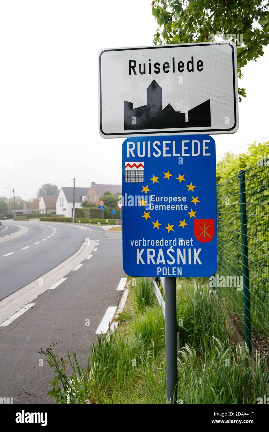Illustration shows the name of the Ruiselede municipality on a road sign, Monday 14 May 2018. BELGA PHOTO KURT DESPLENTER Stock Photo