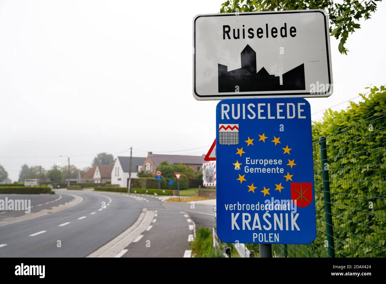 Illustration shows the name of the Ruiselede municipality on a road sign, Monday 14 May 2018. BELGA PHOTO KURT DESPLENTER Stock Photo