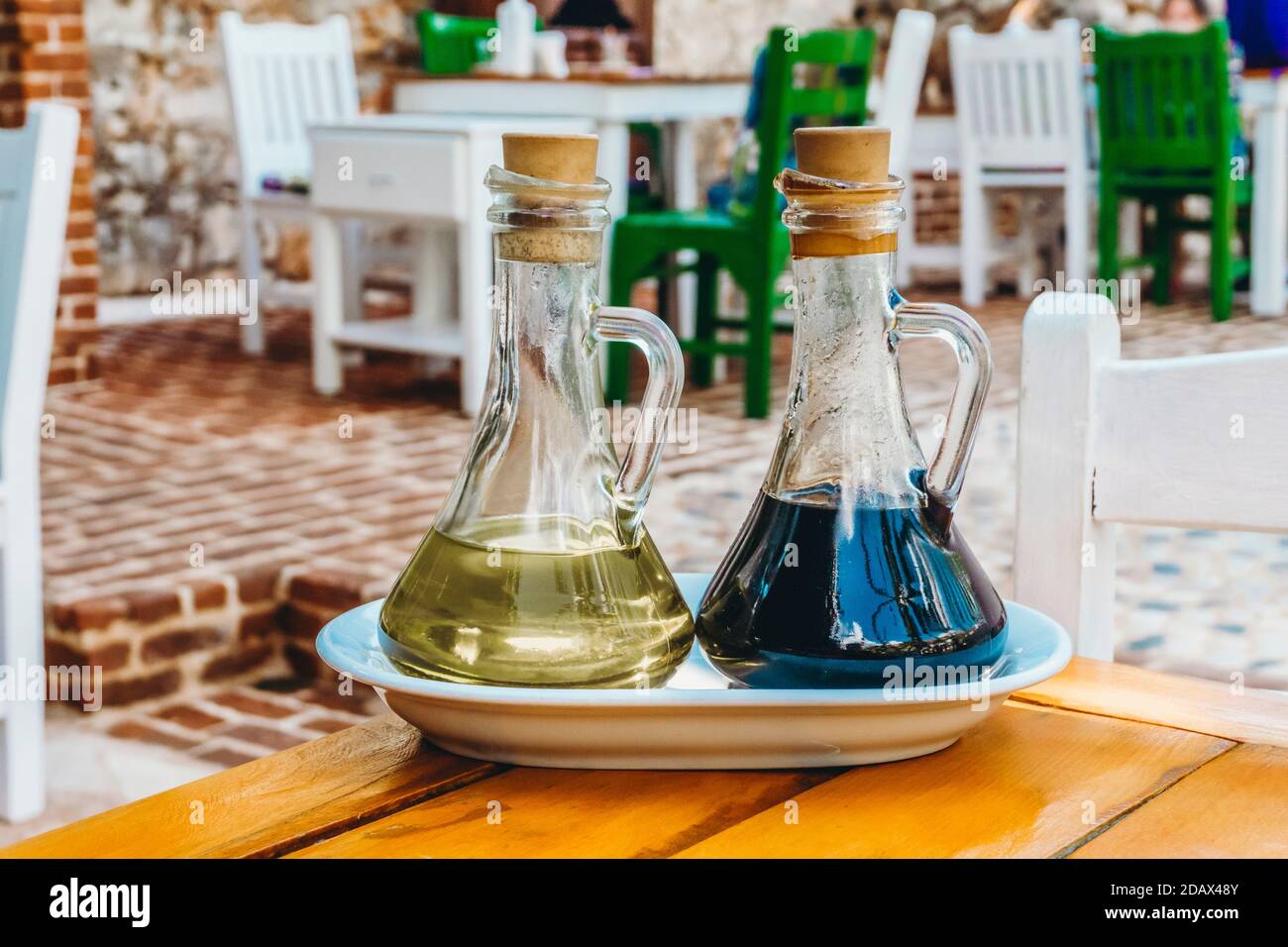 Olive oil and wine balsamic vinegar on a table in a cafe or restaurant