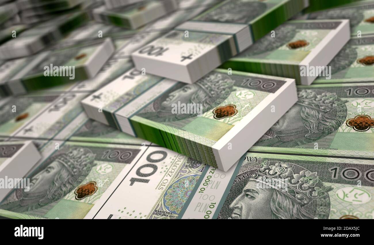 Polish Zloty PLN money pack 3d illustration. 100 PLN banknote bundle