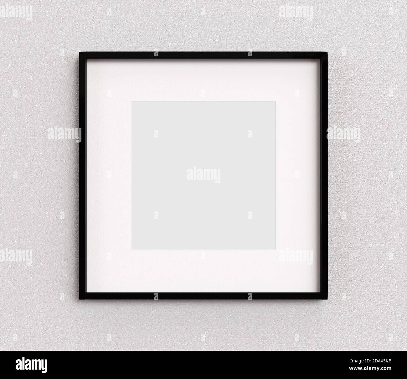 Empty picture frame with square shape on a white wall with black frame. Blank Mockup for images and photos. Stock Photo