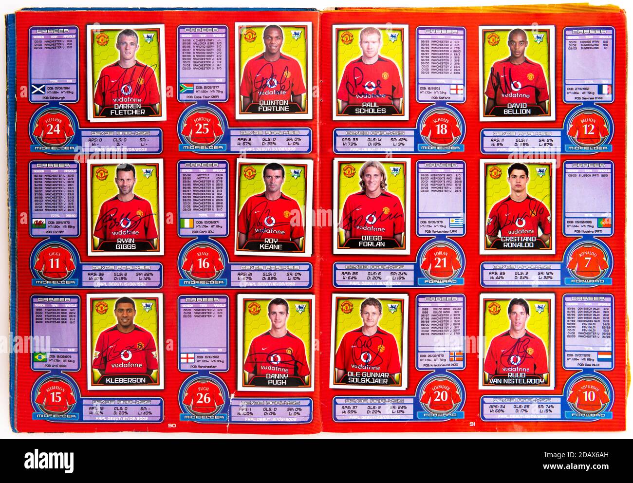 Merlin's F A Premier League 04 sticker album - completed inside pages of Manchester Utd players 2004 Stock Photo