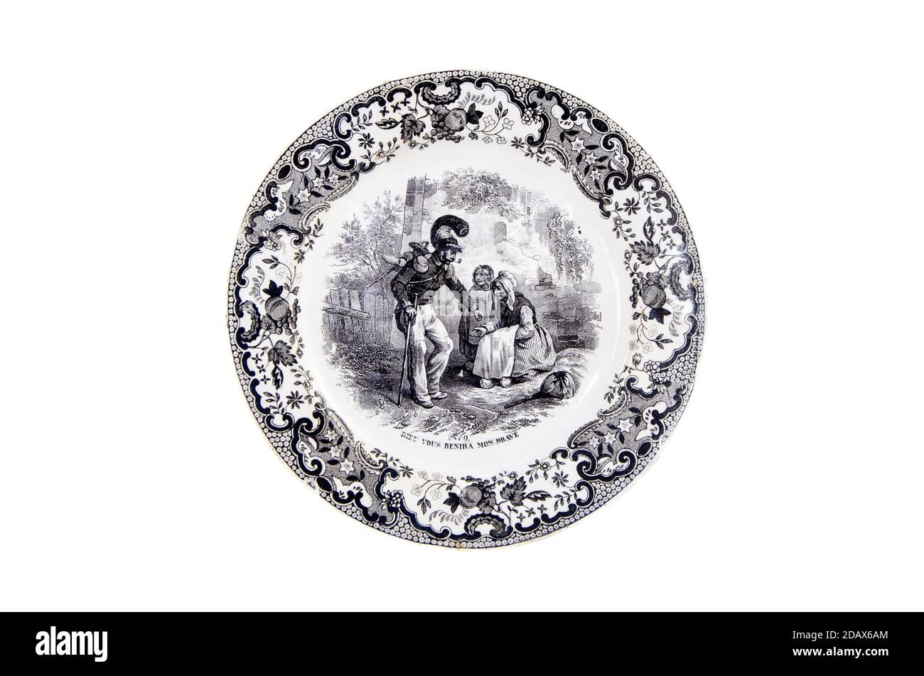 Antique decorative plate with the Napoleonic Wars picture. (1803–1815). God will bless you my brave. France, the 19th century Stock Photo