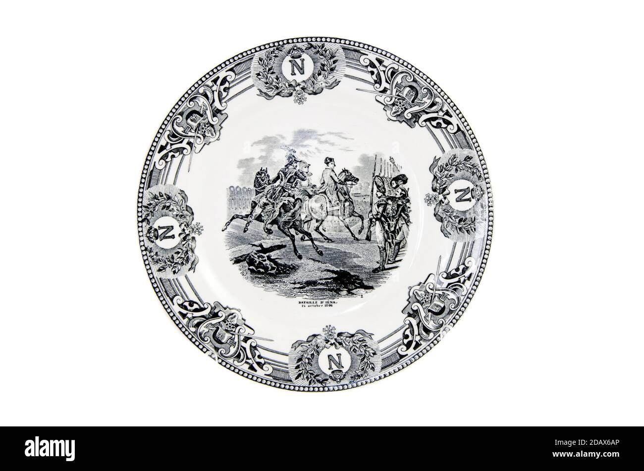 Antique decorative plate with the Napoleonic Wars picture. (1803–1815). Battle of Jena. October 14, 1806. France, the 19th century Stock Photo