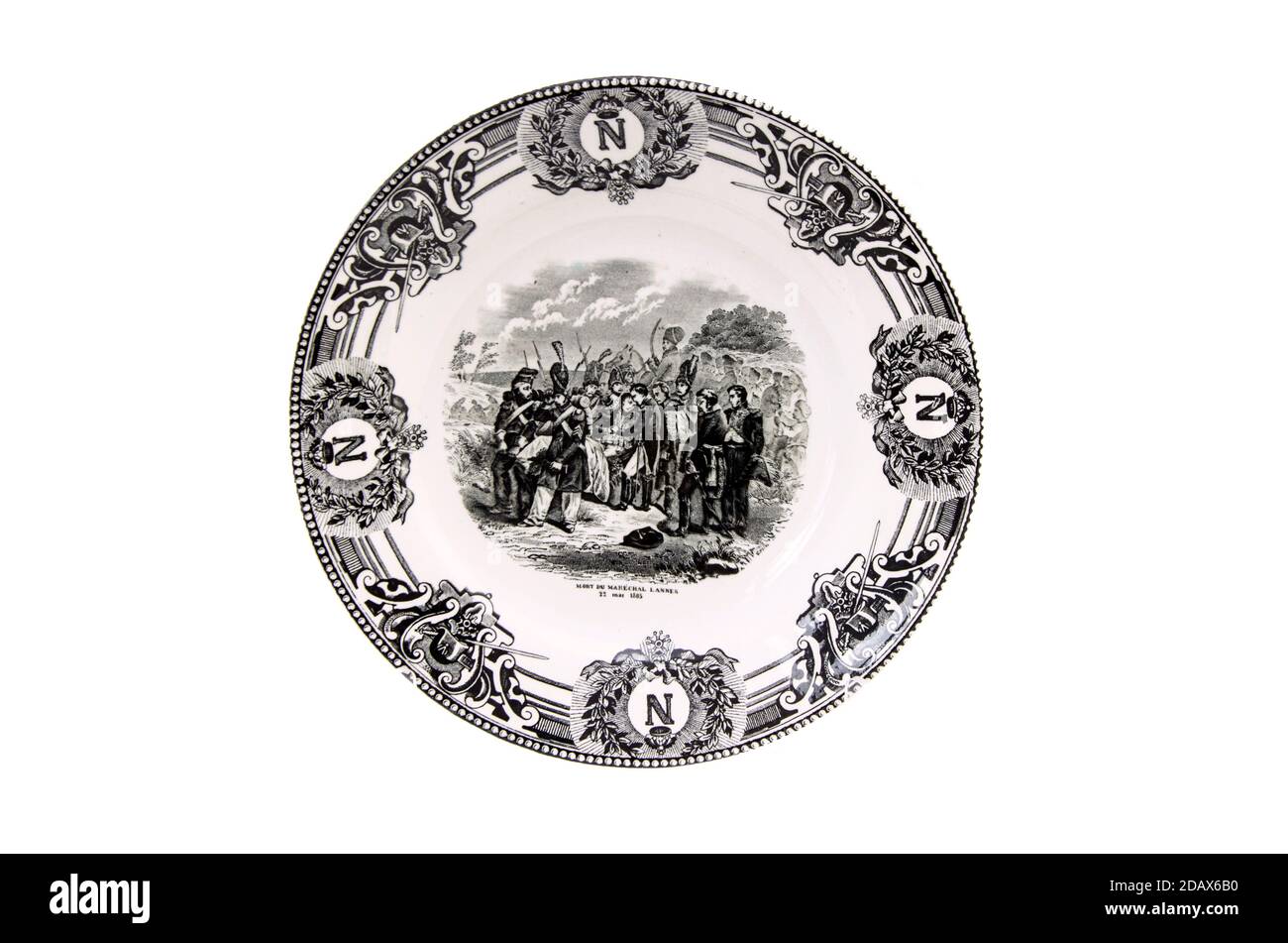 Antique decorative plate with the Napoleonic Wars picture. (1803–1815). Death of marshal Lannes. Mai 22, 1805. France, the 19th century Stock Photo