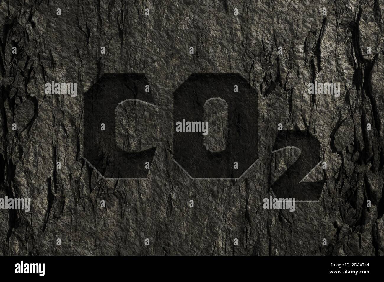 Co2 text in dark wall background. Carbon dioxide naturally storaged in coal theme Stock Photo
