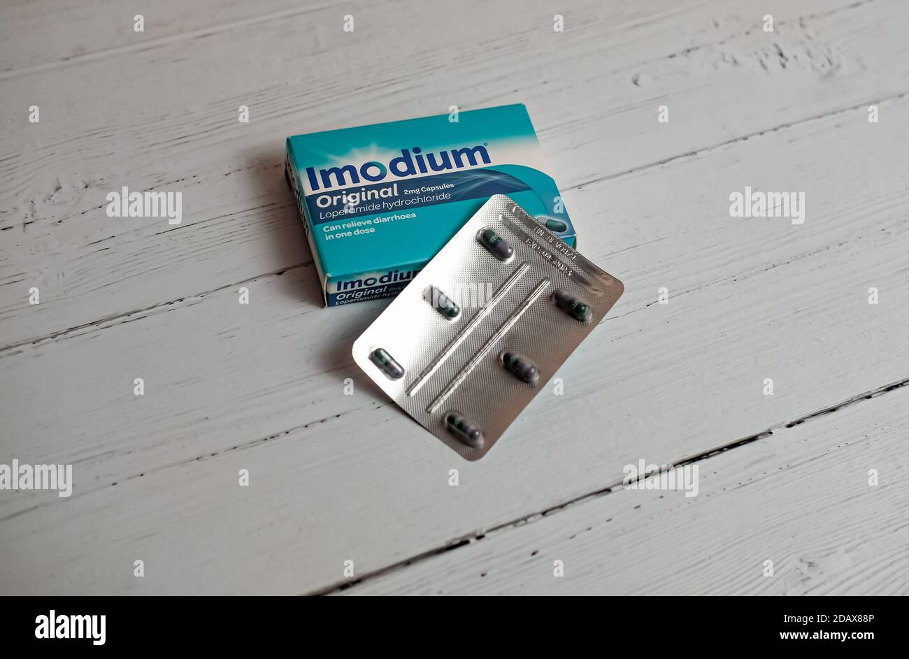 Norwich, Norfolk, UK – November 14 2002. Illustrative photo of a packet of Immodium diarrhoea relief tablets on a white background Stock Photo