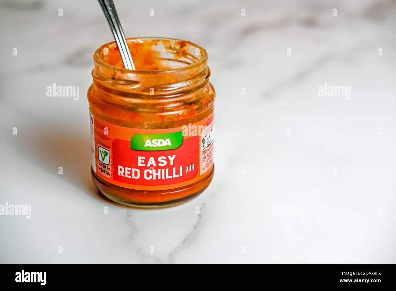 Tesco Easy Red Chilli paste on a marbled white worktop Stock Photo Alamy