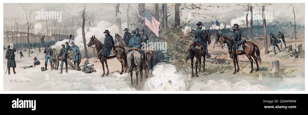 Two pictures from American Civil War time. Fort Donelson (The Battle of Fort Donelson was fought from February 11–16, 1862, in the Western Theater of Stock Photo