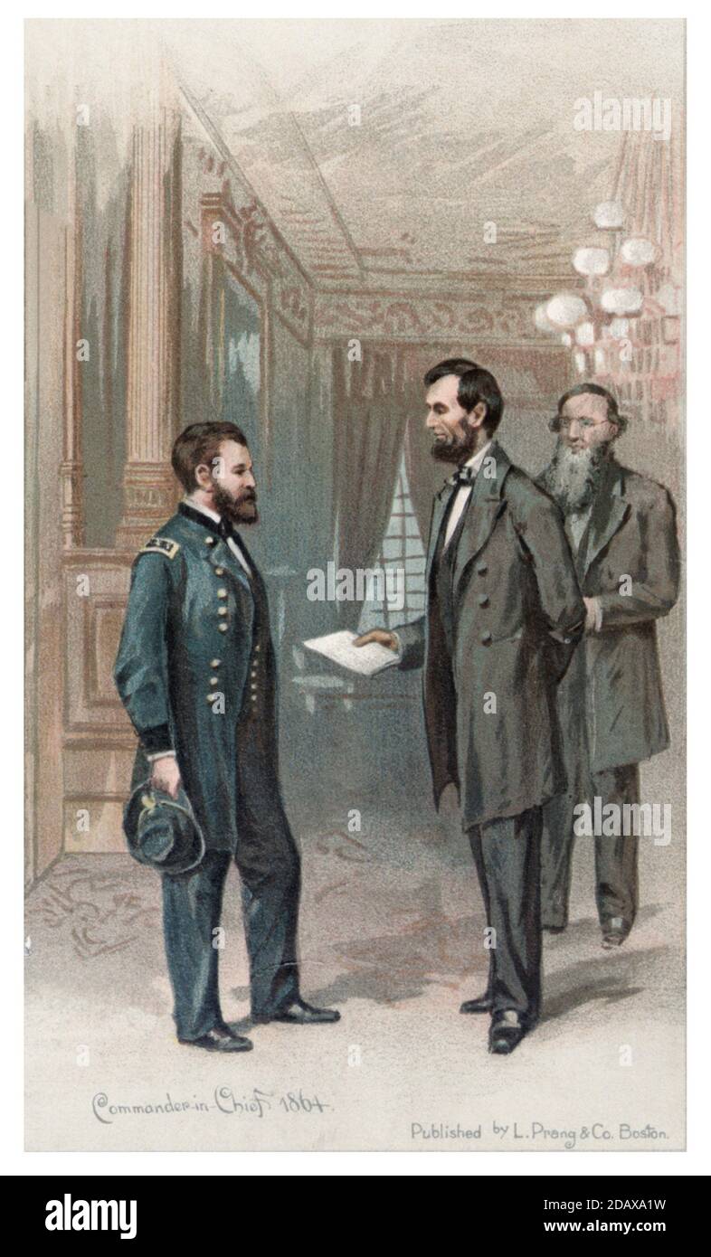 President Abraham Lincoln hands general Ulysses S. Grant an order appointing him commander in chief of the Union Army. USA. 1864 Stock Photo