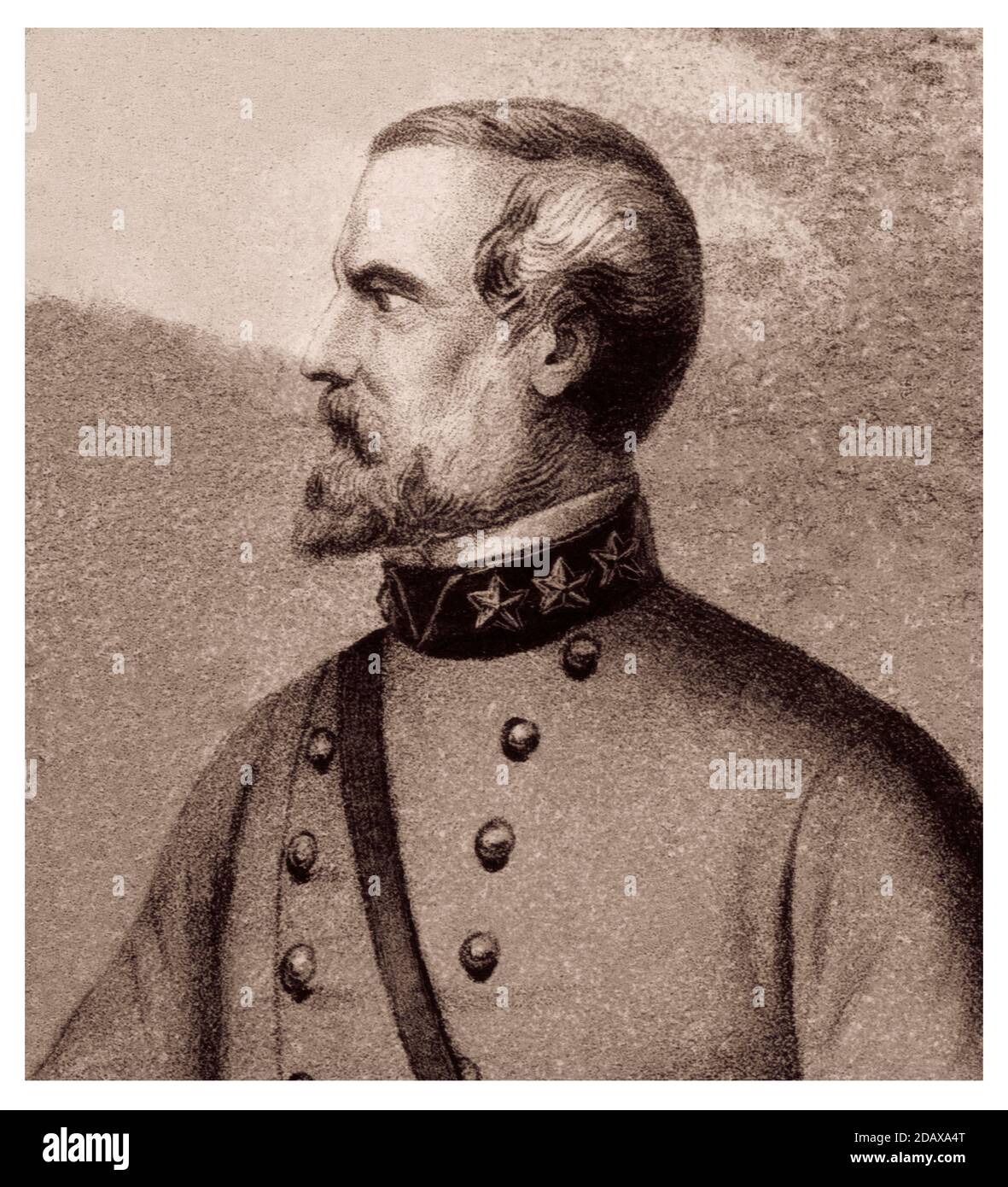 Engraving of Robert Edward Lee.  Robert Edward Lee (1807 – 1870) was an American Confederate general best known as a commander of the Confederate Stat Stock Photo