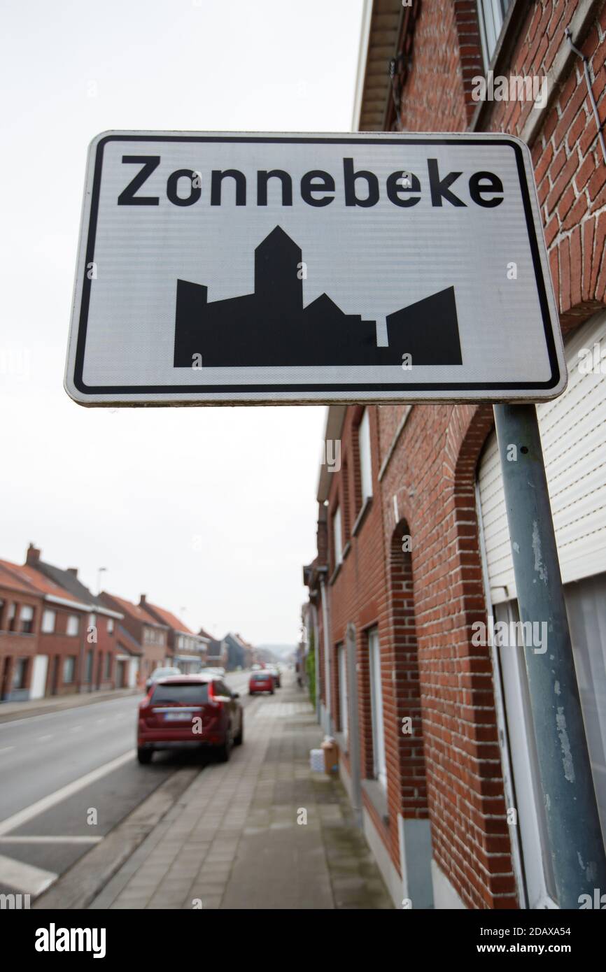 Illustration shows the name of the Zonnebeke municipality on a road sign, Monday 14 May 2018. BELGA PHOTO KURT DESPLENTER Stock Photo