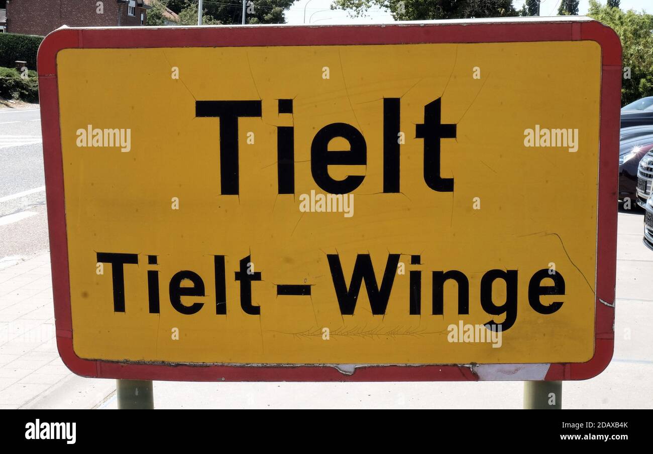 Illustration shows the name of the Tielt - Tielt-Winge municipality on a road sign, Tuesday 03 July 2018. BELGA PHOTO ERIC LALMAND Stock Photo