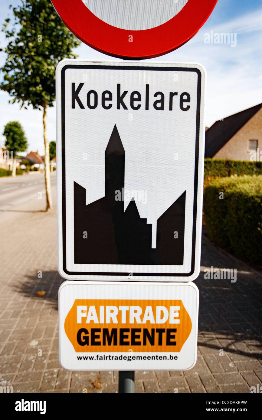 Illustration shows the name of the Koekelare municipality on a road sign, Monday 30 July 2018. BELGA PHOTO KURT DESPLENTER Stock Photo