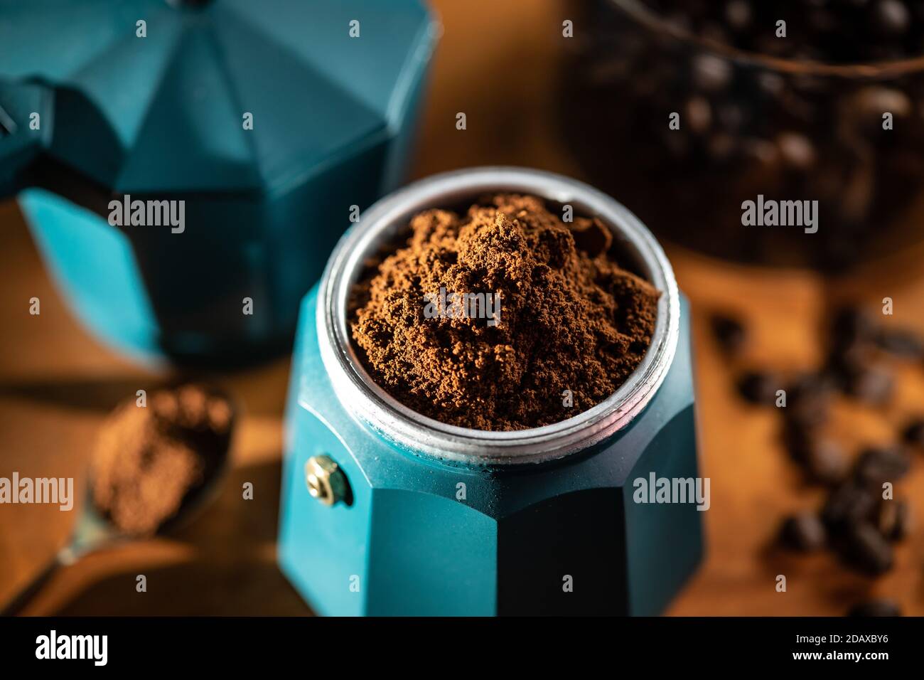 Stove top mock pot with fresh ground coffee Stock Photo