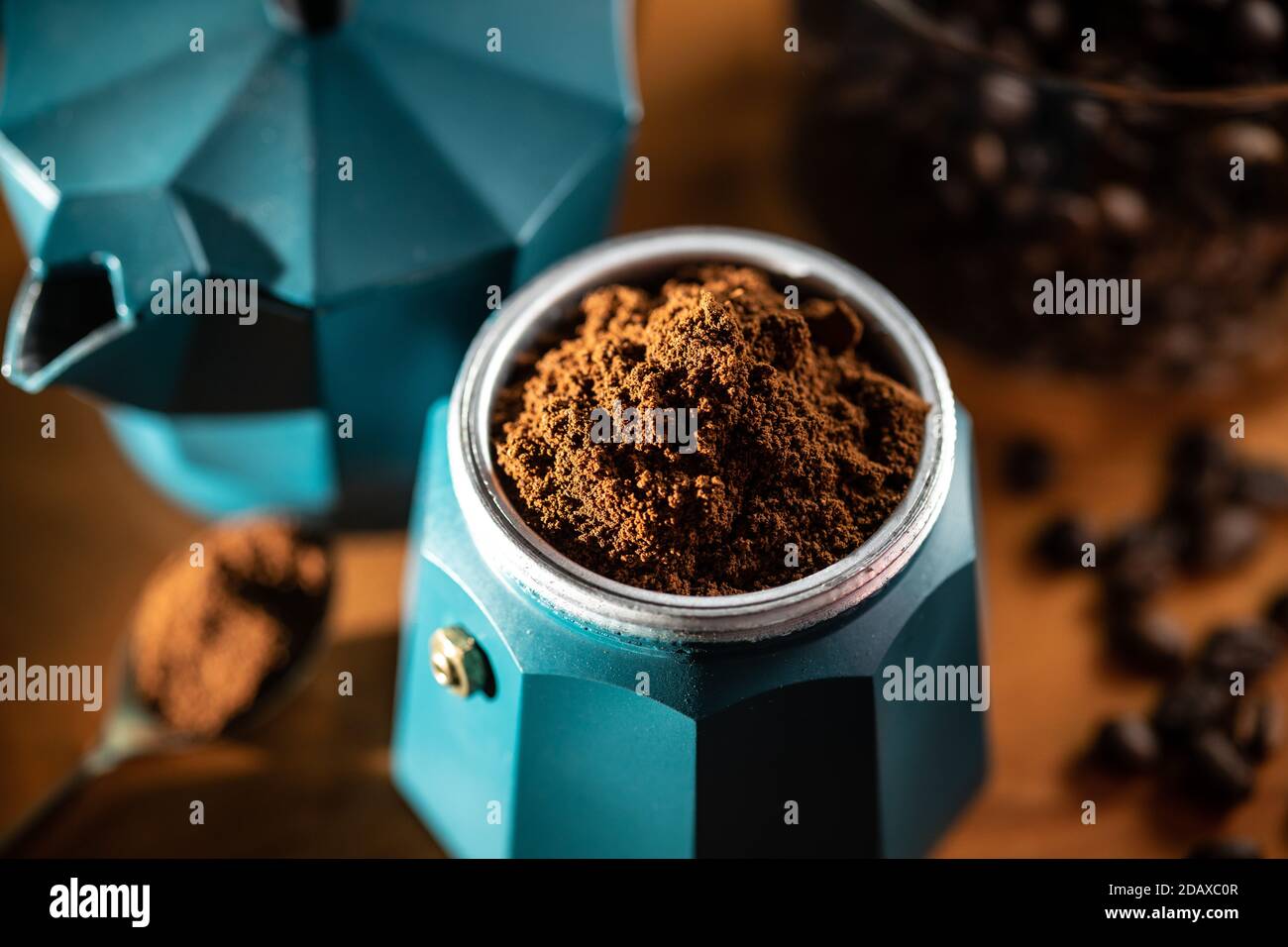 Stove top mock pot with fresh ground coffee Stock Photo