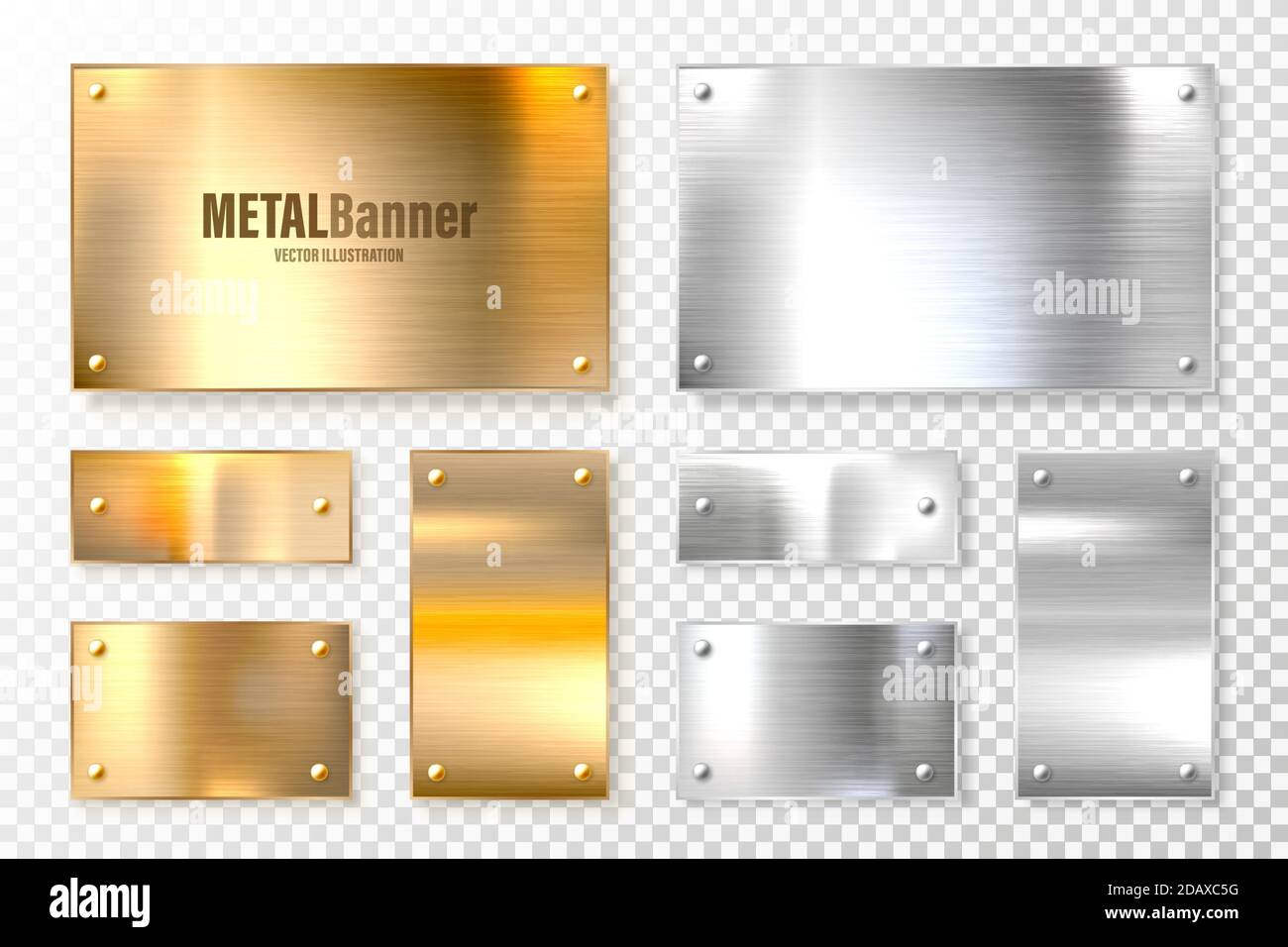 Realistic shiny metal banners set. Brushed steel and copper plate ...