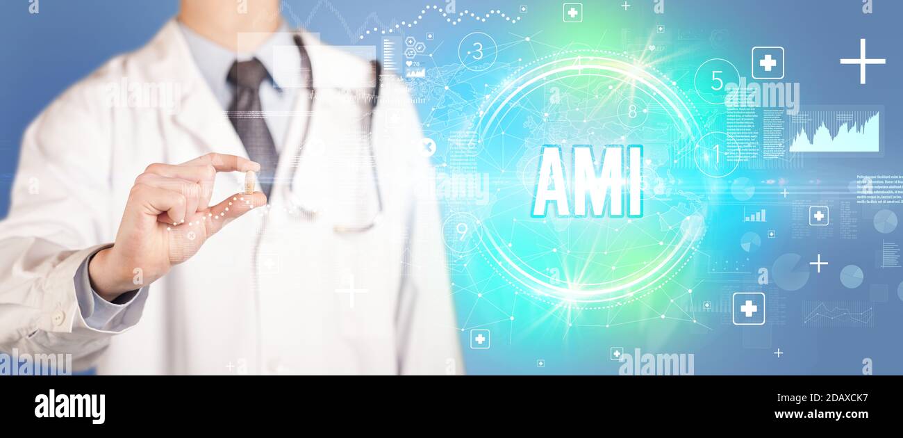 Closeup of a doctor giving you a pill with AMI abbreviation, virology