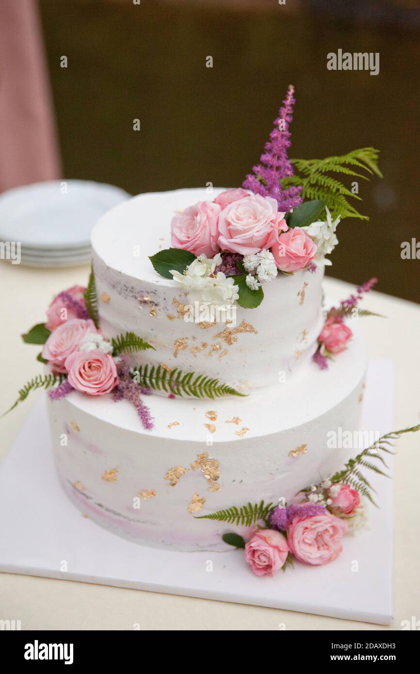 A beautiful dessert for the holiday. The wedding cake. Stock Photo