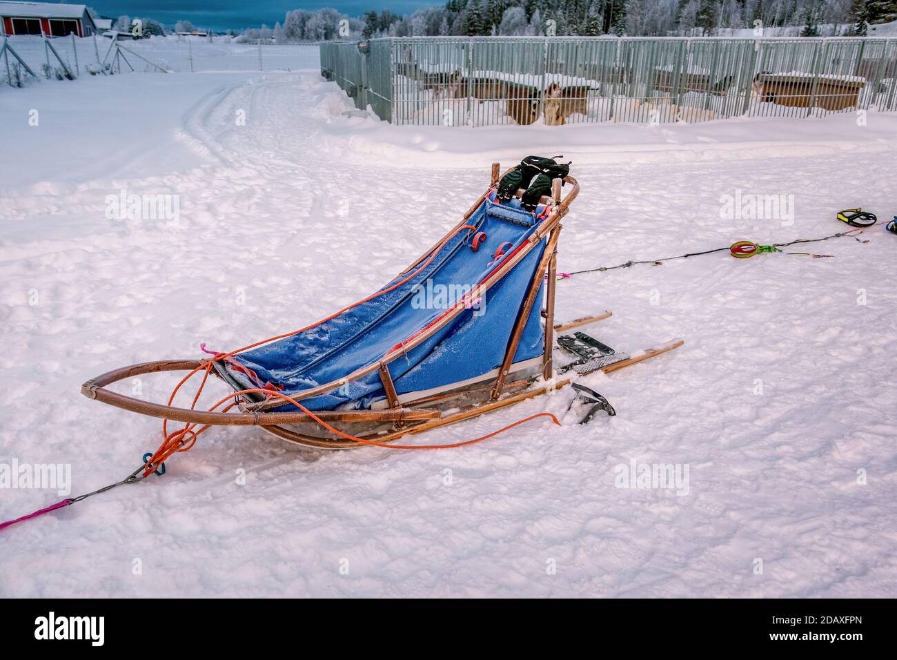 Photo of beautiful standalone wooden sled for dog sledding. Typical traditional old construction for winter racing in Lapland, Sweden. Front side view Stock Photo
