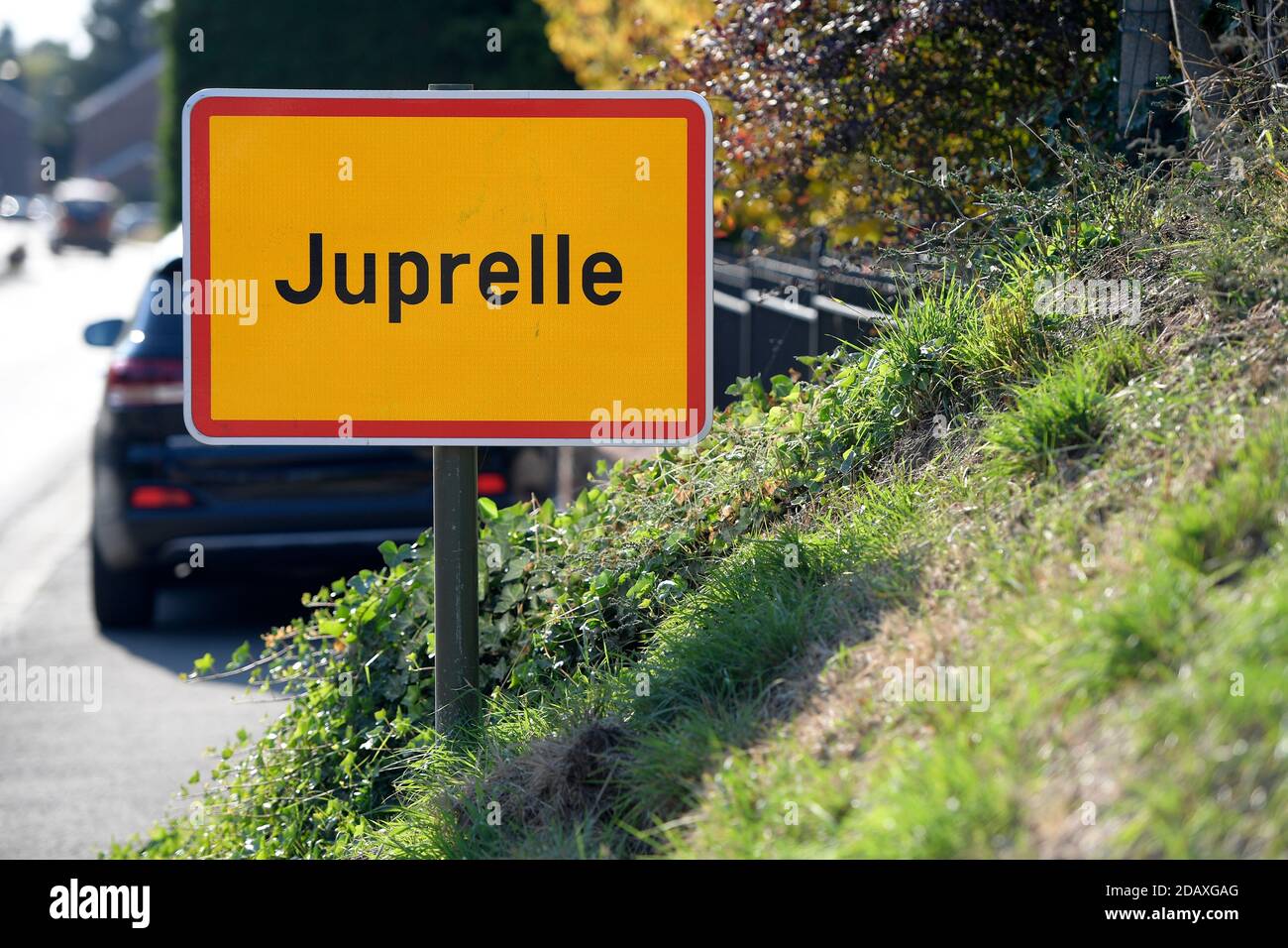 Illustration shows the name of the Juprelle municipality on a road sign, Tuesday 18 September 2018. BELGA PHOTO YORICK JANSENS Stock Photo