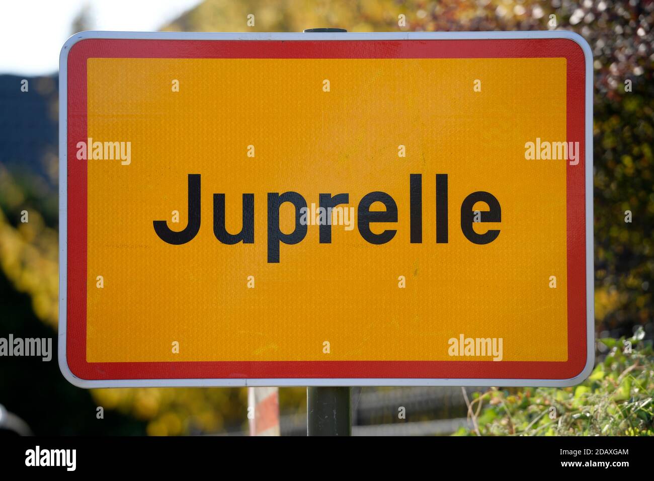 Illustration shows the name of the Juprelle municipality on a road sign, Tuesday 18 September 2018. BELGA PHOTO YORICK JANSENS Stock Photo