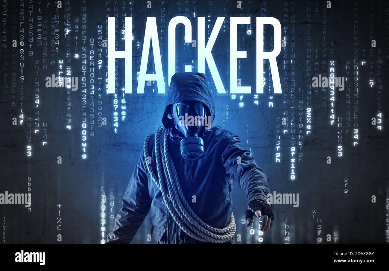 Faceless hacker with HACKER inscription, hacking concept Stock Photo
