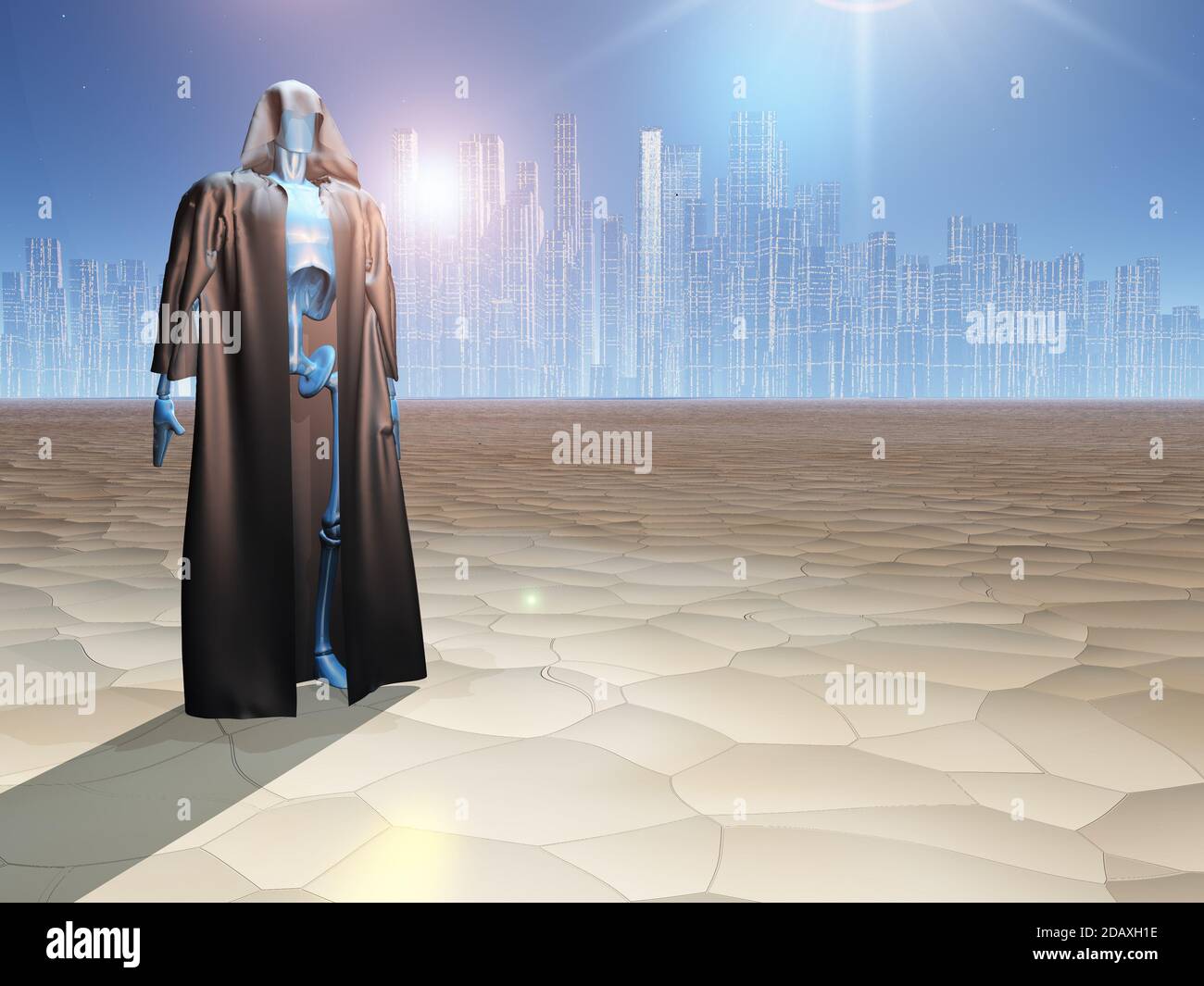 Traveler before the great city. 3D rendering Stock Photo