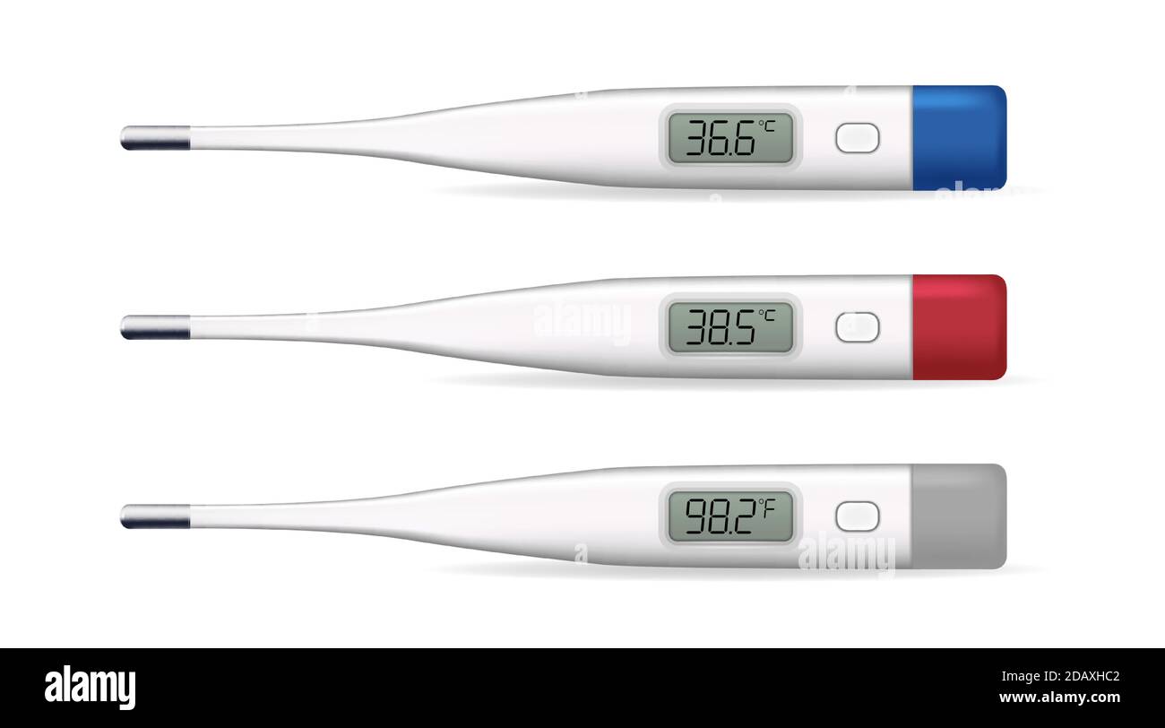 Collection of realistic digital thermometers. Top view on safe