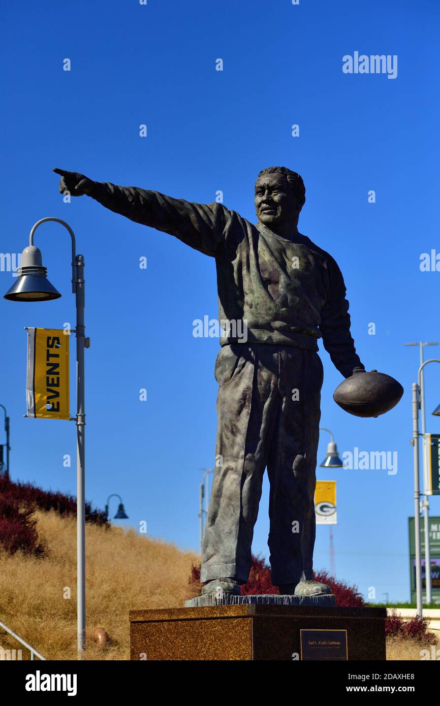 Green Bay, Wisconsin, USA. The Curley Lambeau Statue for whom Lambeau