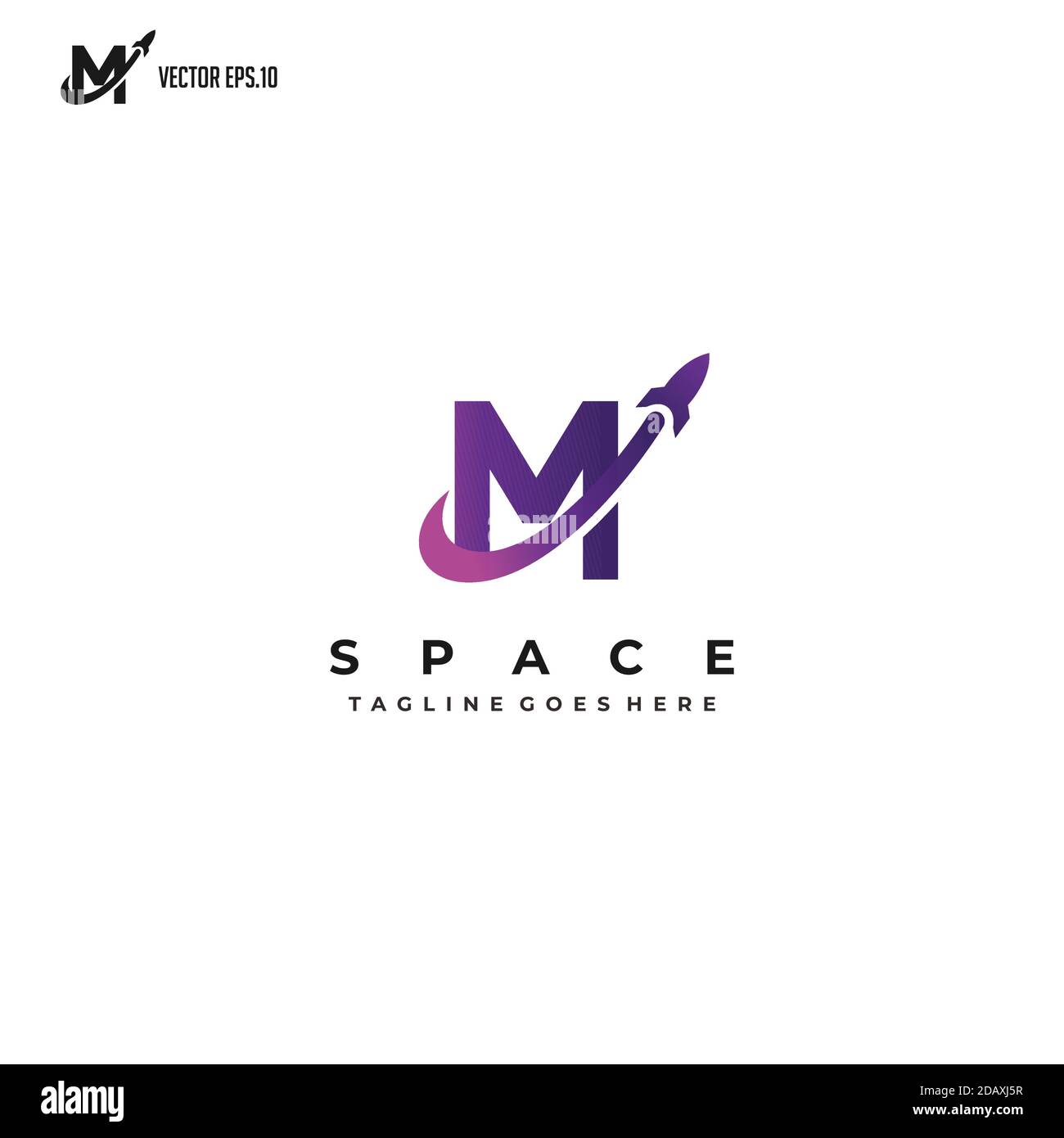 initial M with flying rocket, space logo design inspiration Stock Vector
