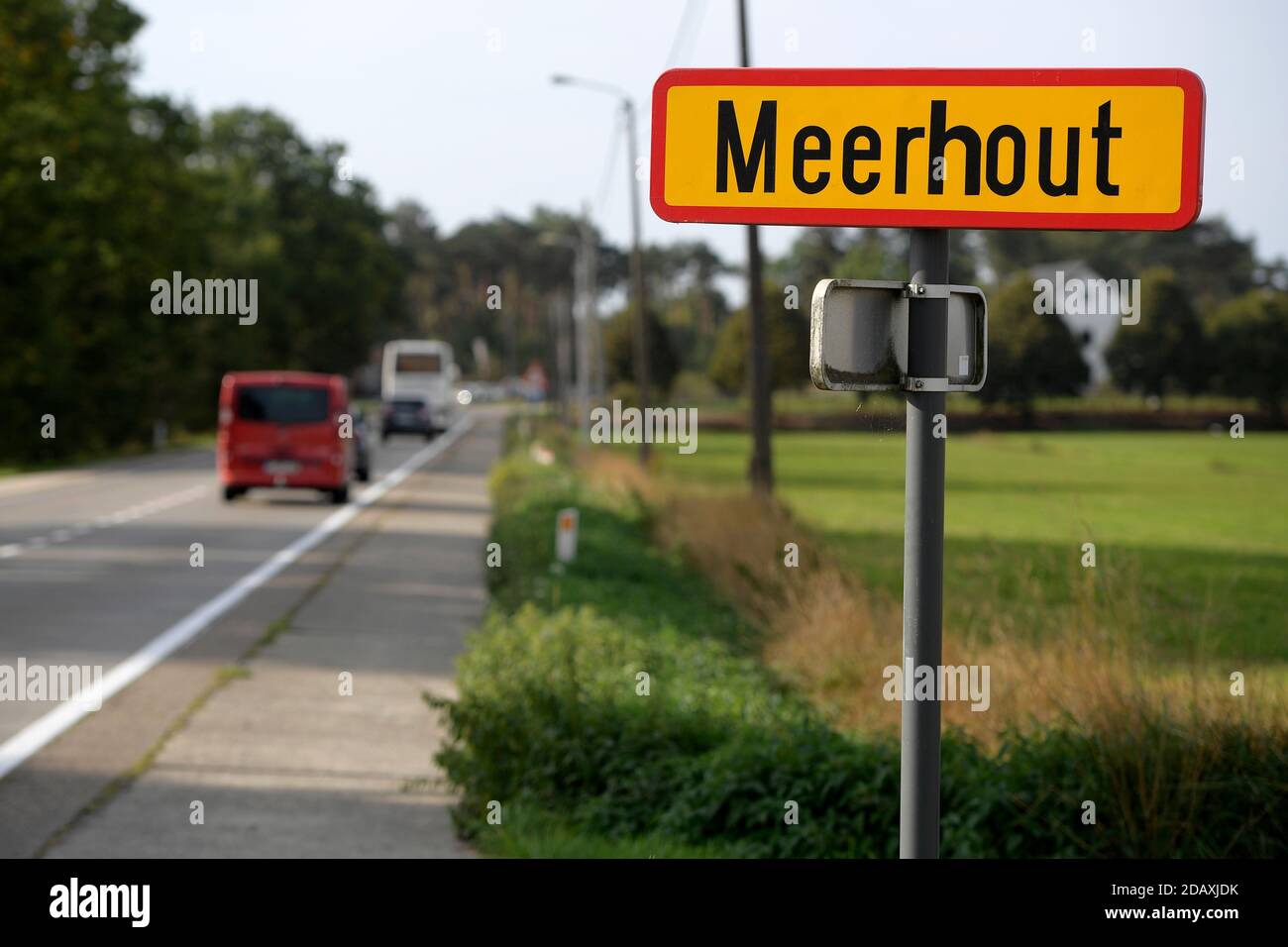 Illustration shows the name of the Meerhout municipality on a road sign, Friday 21 September 2018. BELGA PHOTO YORICK JANSENS Stock Photo