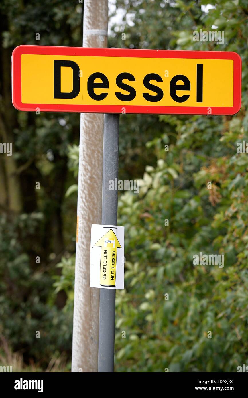 Illustration shows the name of the Dessel municipality on a road sign, Friday 21 September 2018. BELGA PHOTO YORICK JANSENS Stock Photo