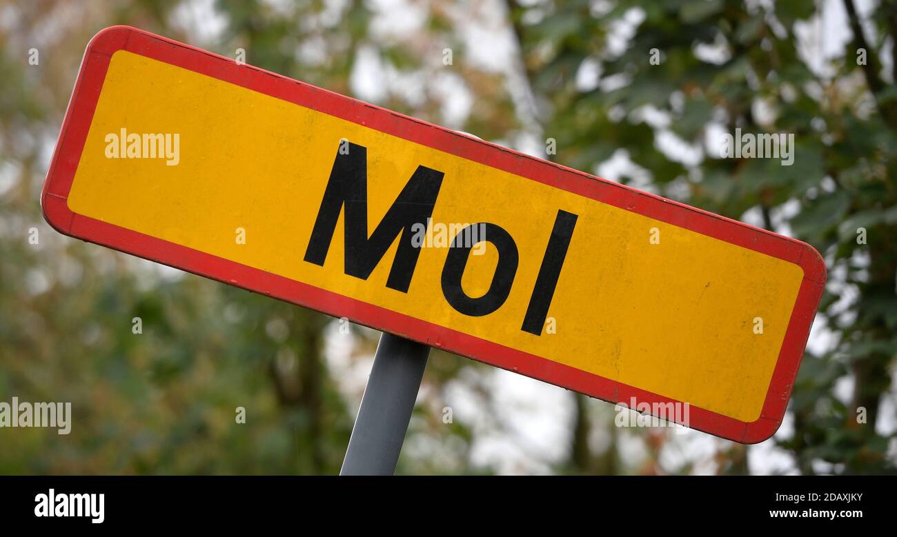 Illustration shows the name of the Mol municipality on a road sign, Friday 21 September 2018. BELGA PHOTO YORICK JANSENS Stock Photo