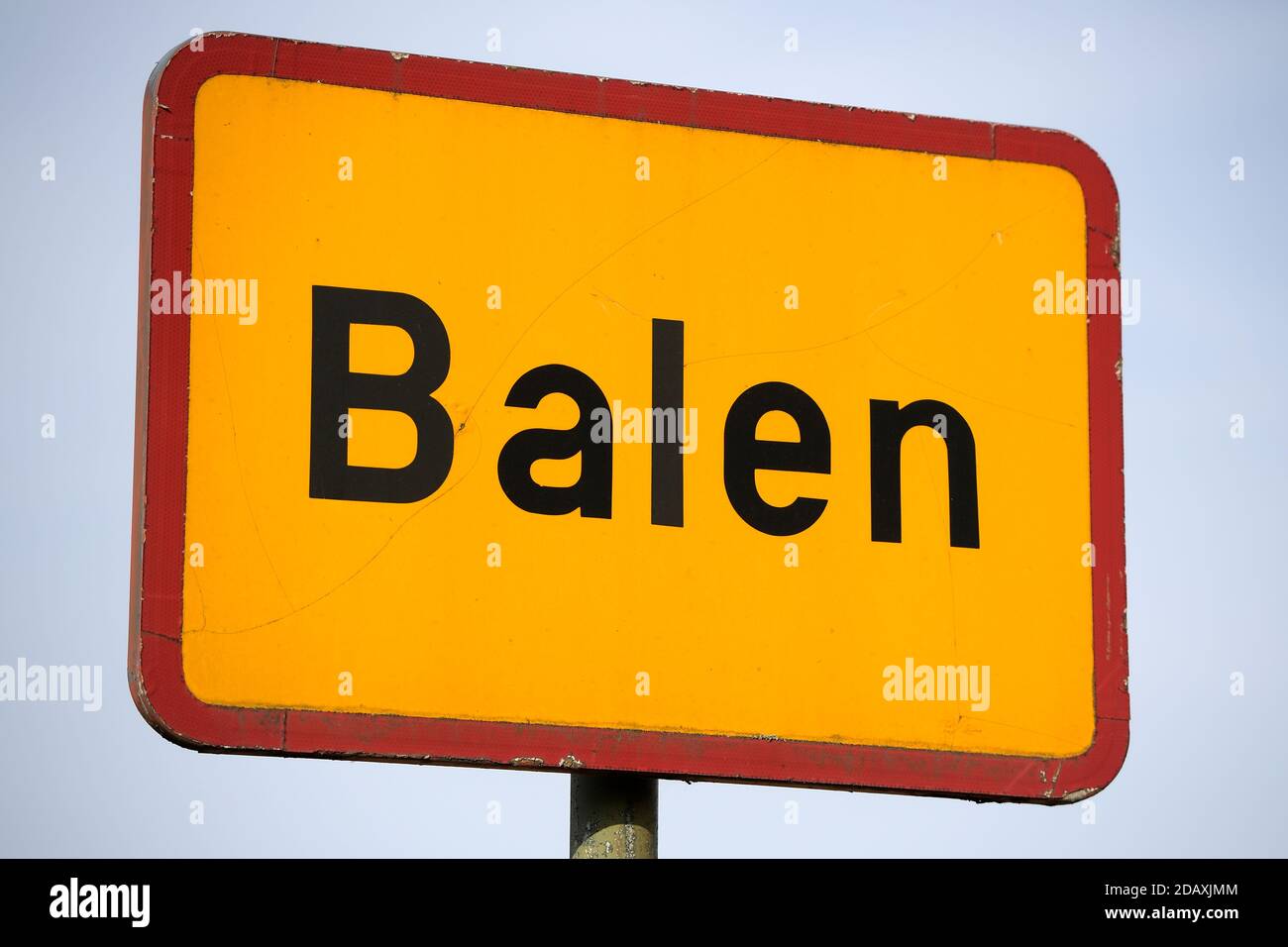 Illustration shows the name of the Balen municipality on a road sign, Friday 21 September 2018. BELGA PHOTO YORICK JANSENS Stock Photo