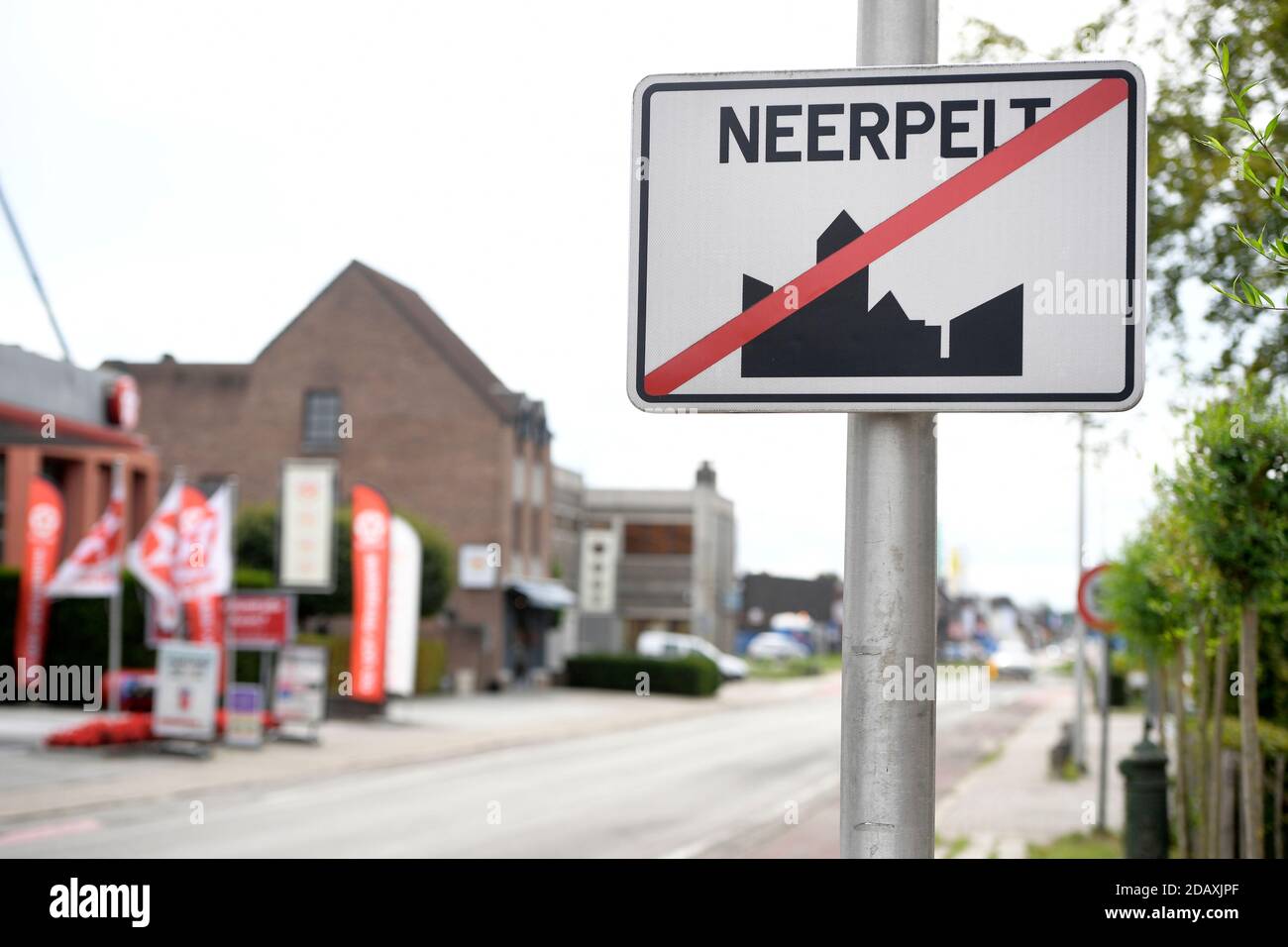 Illustration shows the name of the Neerpelt municipality on a road sign, Friday 21 September 2018. BELGA PHOTO YORICK JANSENS Stock Photo