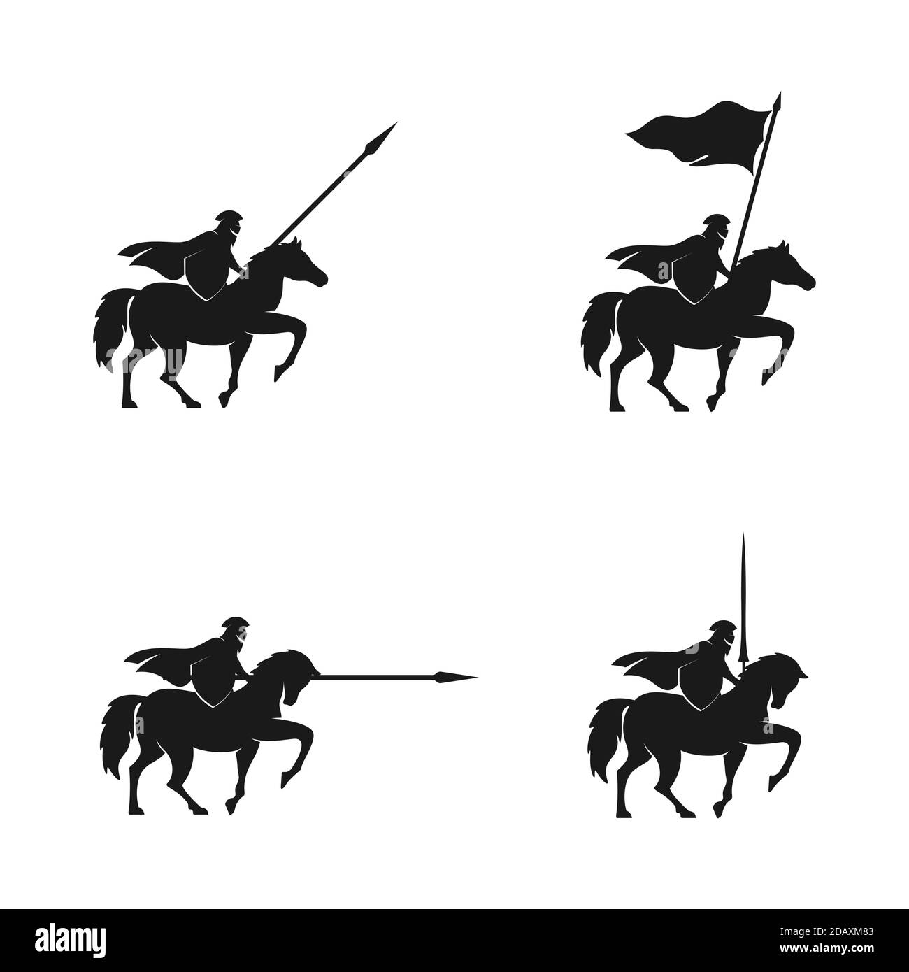 Horseback Knight Silhouette logo, Horse Warrior Paladin Medieval logo design illustration set Stock Vector