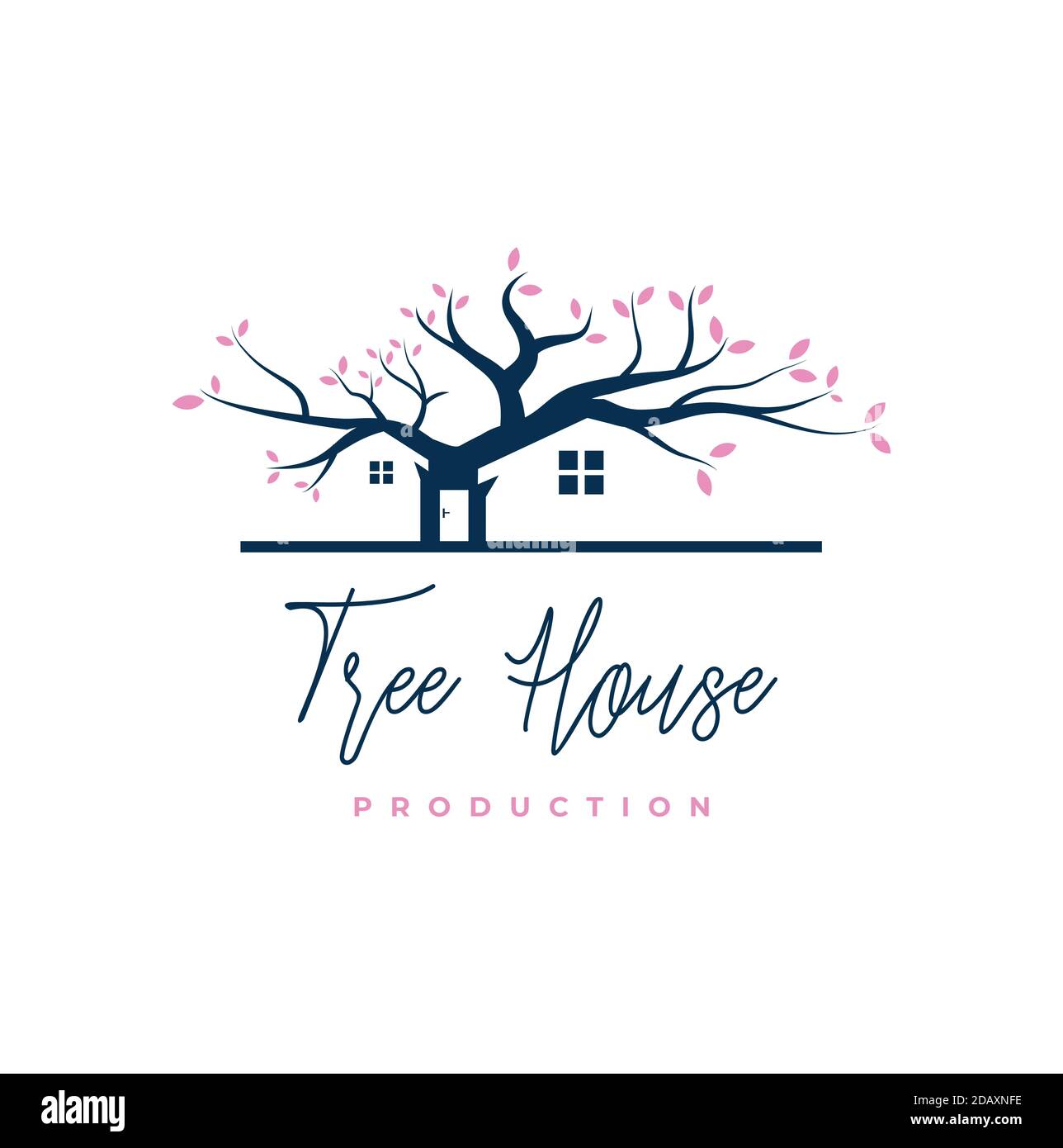 negative space house in oak tree logo design Stock Vector