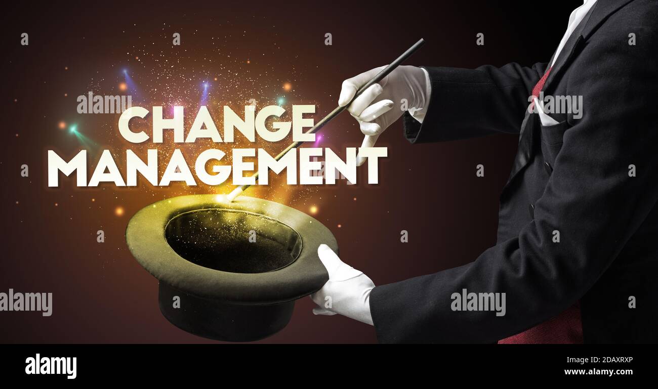 Project Management Insert Magic Illusionist is showing magic trick with CHANGE MANAGEMENT inscription ...